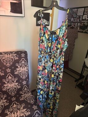 Mlle Gabrielle Navy Floral Dress with Teal, Yellow, Pink Accents